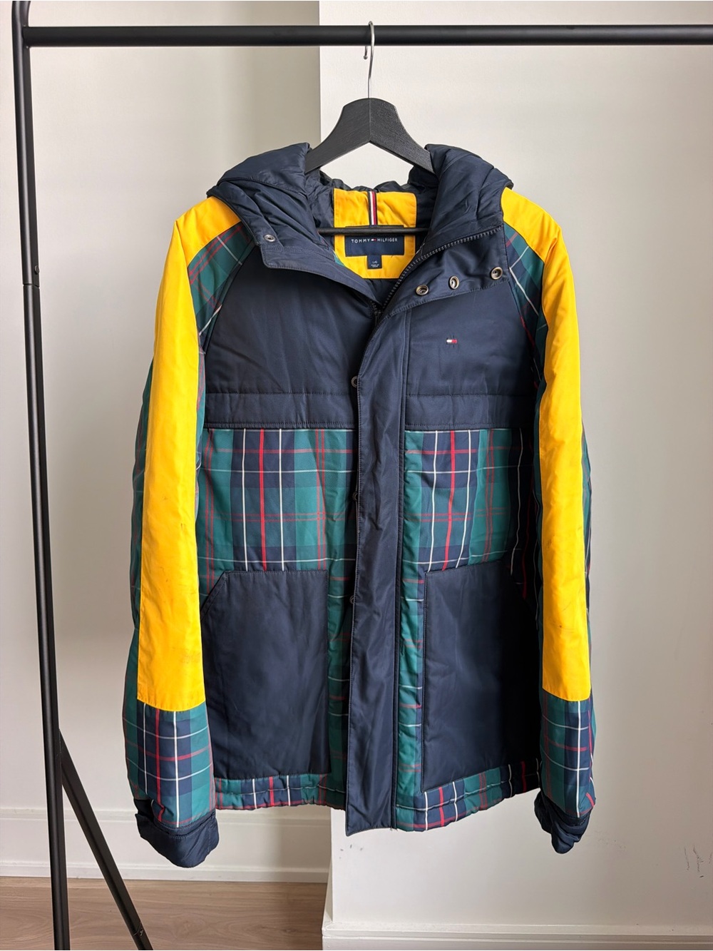 Tommy Hilfiger Navy, Yellow & Green Plaid Hooded Puffer Jacket